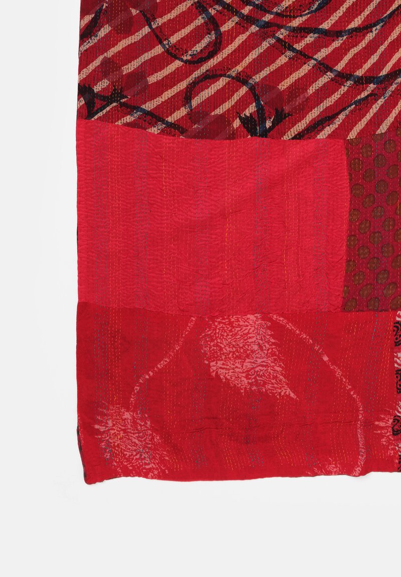 Mieko Mintz Vintage Silk Georgette Patch Kantha Shawl in Red, Magenta & Coral