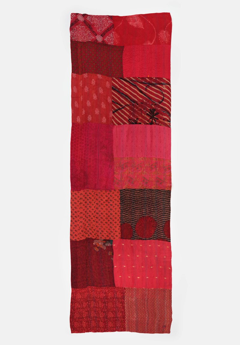 Mieko Mintz Vintage Silk Georgette Patch Kantha Shawl in Wine, Hot Pink & Coral