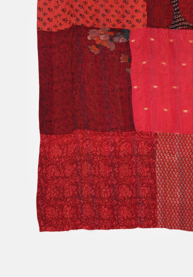 Mieko Mintz Vintage Silk Georgette Patch Kantha Shawl in Wine, Hot Pink & Coral