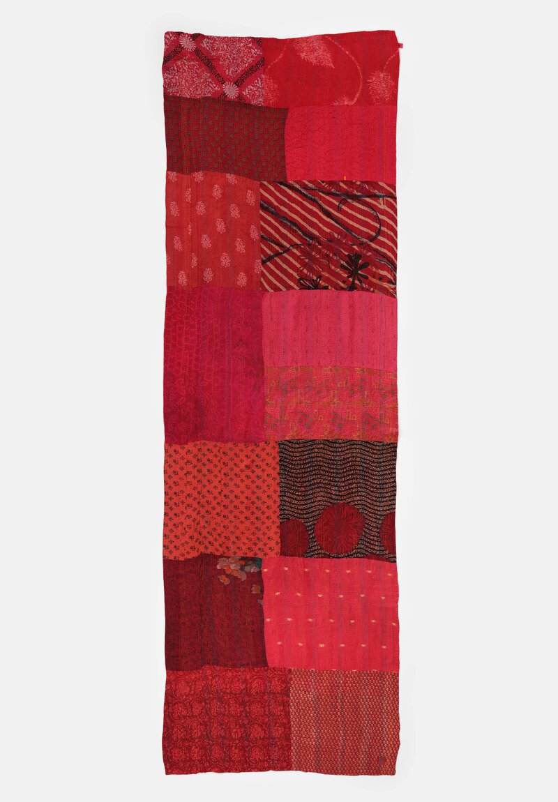 Mieko Mintz Vintage Silk Georgette Patch Kantha Shawl in Wine, Hot Pink & Coral