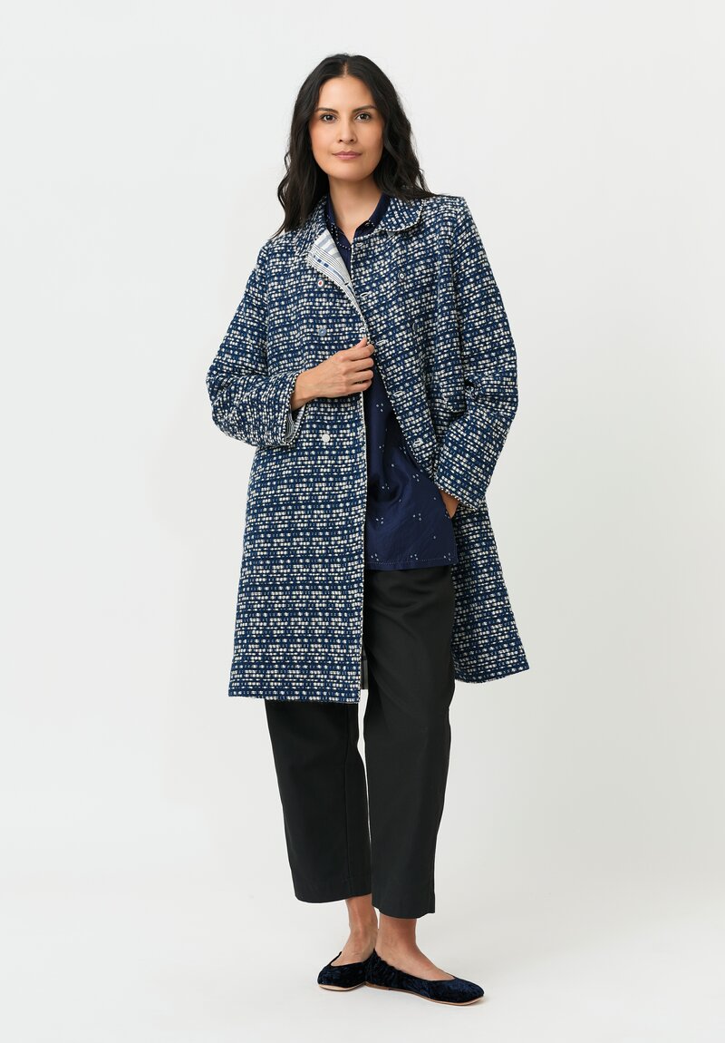 Péro Double Breasted Coat in Woven Tweed Navy & White