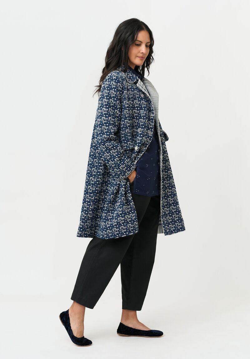 Péro Double Breasted Coat in Woven Tweed Navy & White