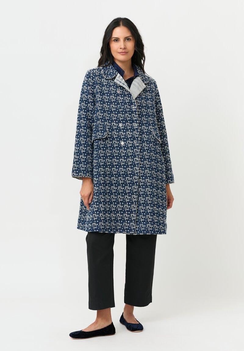 Péro Double Breasted Coat in Woven Tweed Navy & White