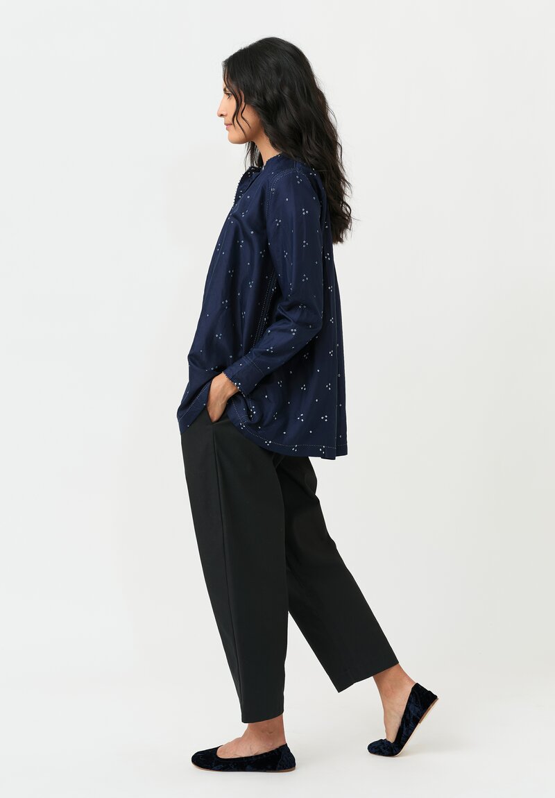 Pero Silk French Knot Edged, Gathered Band Collar & Mixed Button Blouse