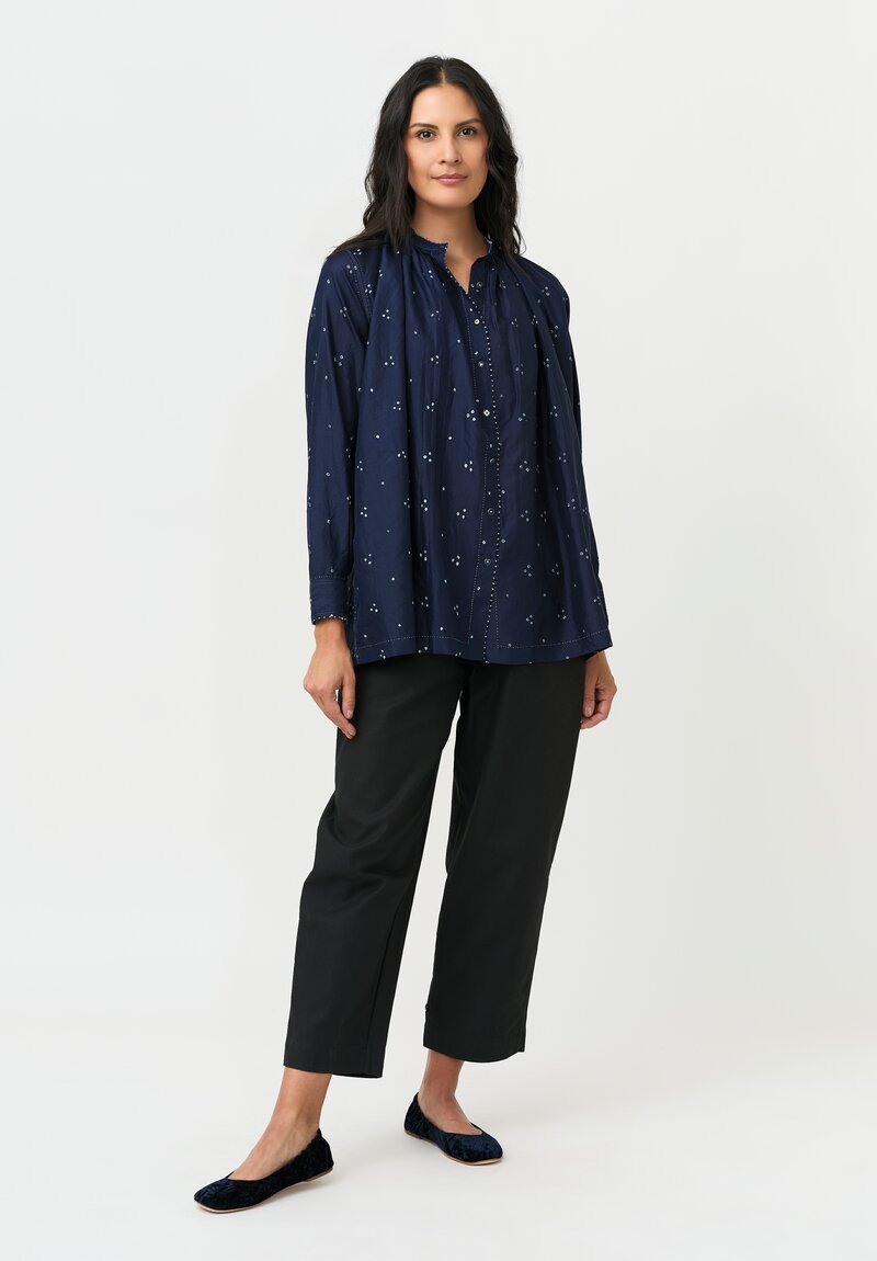 Pero Silk French Knot Edged, Gathered Band Collar & Mixed Button Blouse