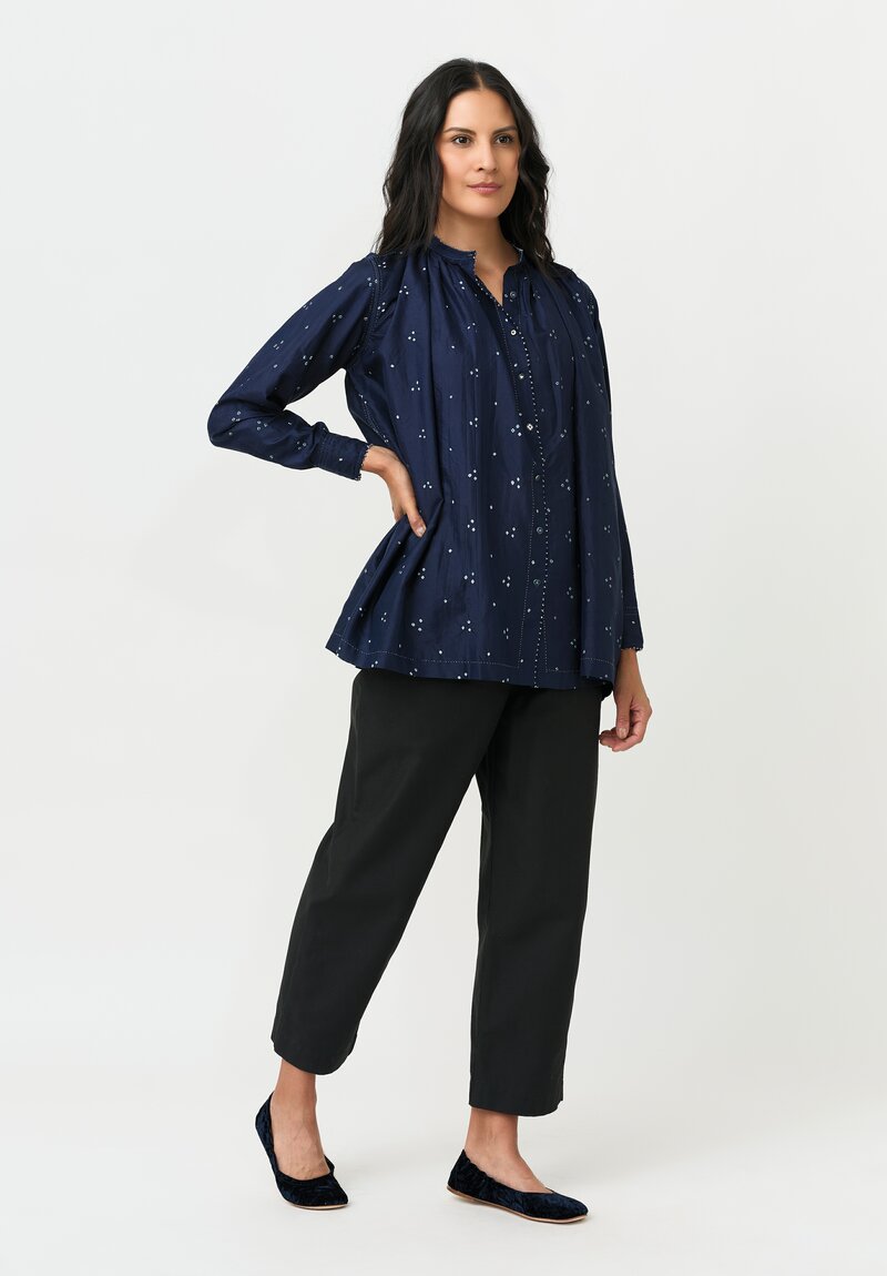 Pero Silk French Knot Edged, Gathered Band Collar & Mixed Button Blouse