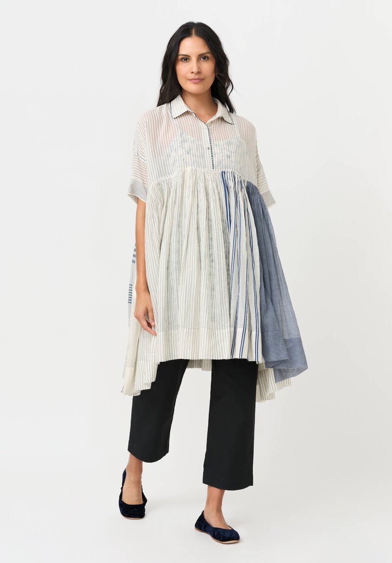 Péro Silk & Cotton Button Down Tunic in White & Blue