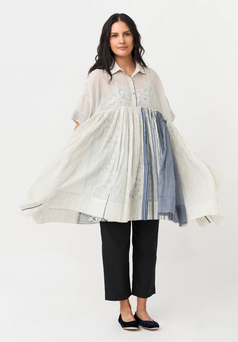 Péro Silk & Cotton Button Down Tunic in White & Blue