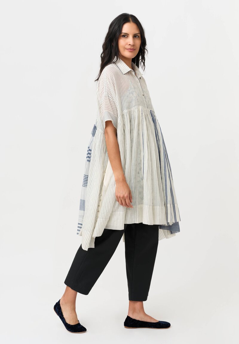 Péro Silk & Cotton Button Down Tunic in White & Blue
