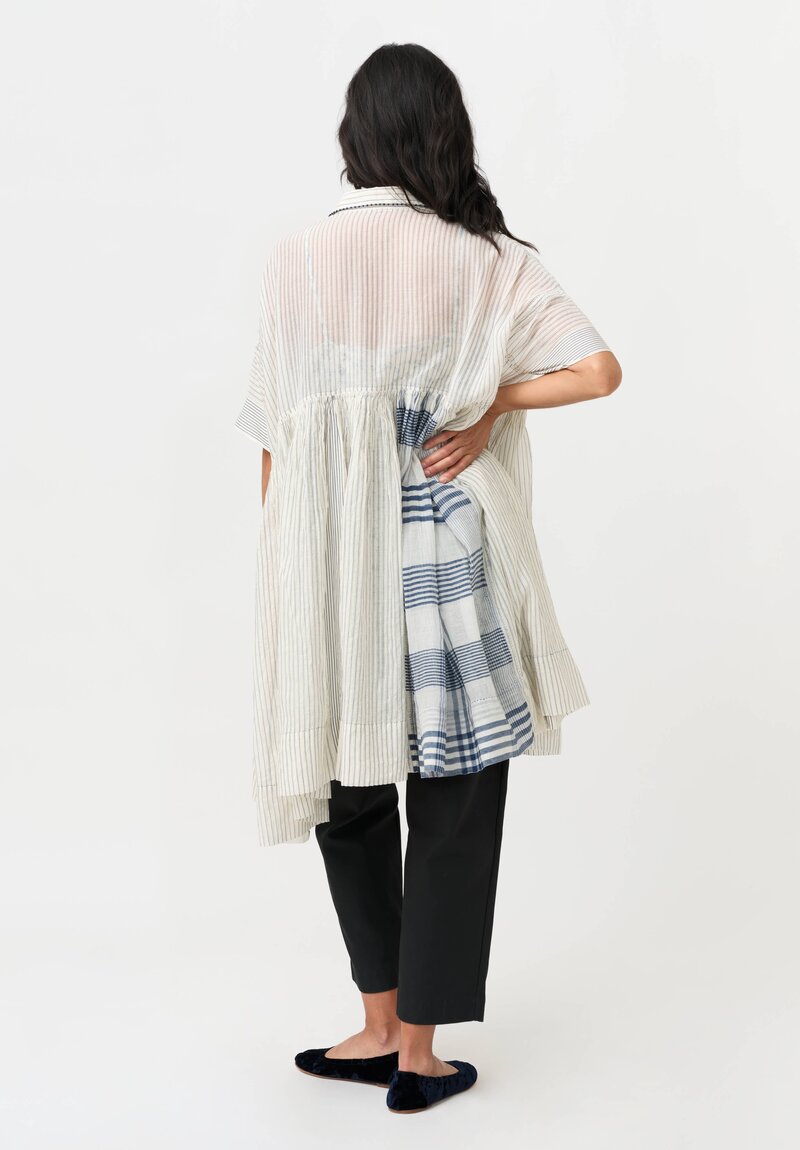 Péro Silk & Cotton Button Down Tunic in White & Blue