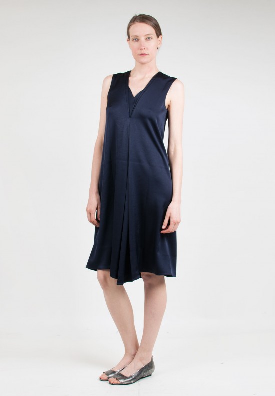 Peter Cohen Satin Pleated Sheath Dress in Navy