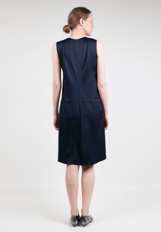 Peter Cohen Satin Pleated Sheath Dress in Navy