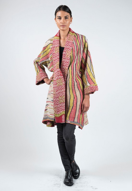 Mieko Mintz Line/Organic Patterned Long Kimono Kantha Jacket in Tan ...