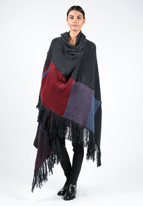  	Casmari Patchwork Cashmere Poncho in Charcoal/Selvedge/Russet Red