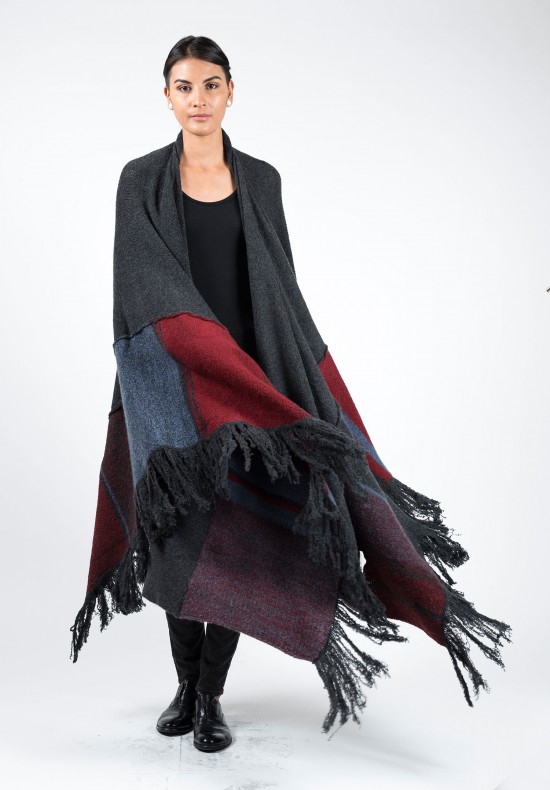  	Casmari Patchwork Cashmere Poncho in Charcoal/Selvedge/Russet Red