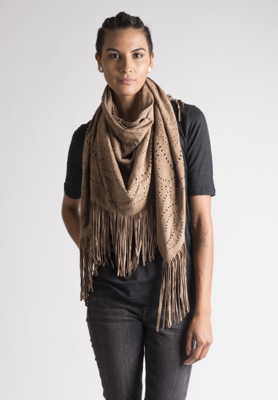  	Treasures Perforated Fringed Circular Suede Scarf/Shawl in Camel
