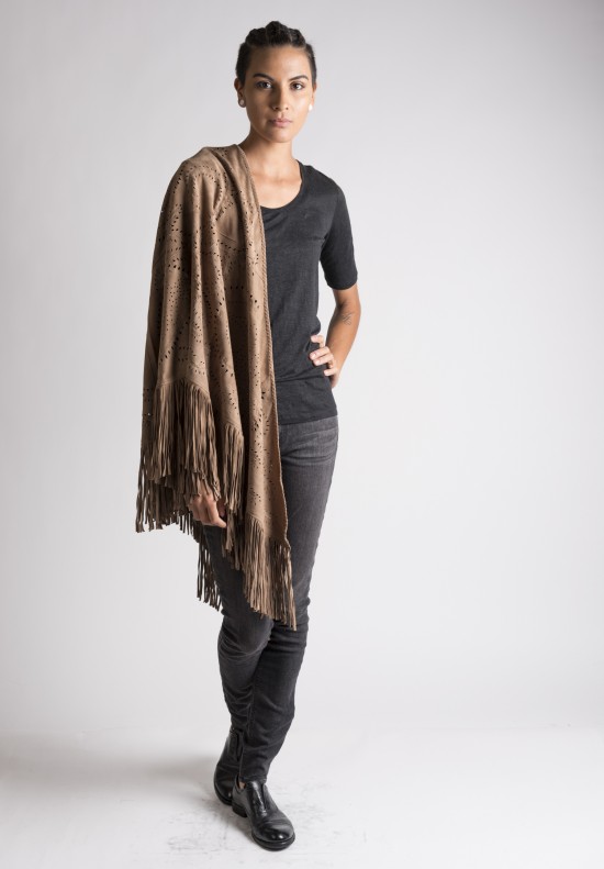  	Treasures Perforated Fringed Circular Suede Scarf/Shawl in Camel