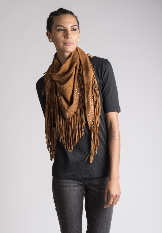 Treasures Studded Perforated Fringed Triangular Suede Stole in Cognac