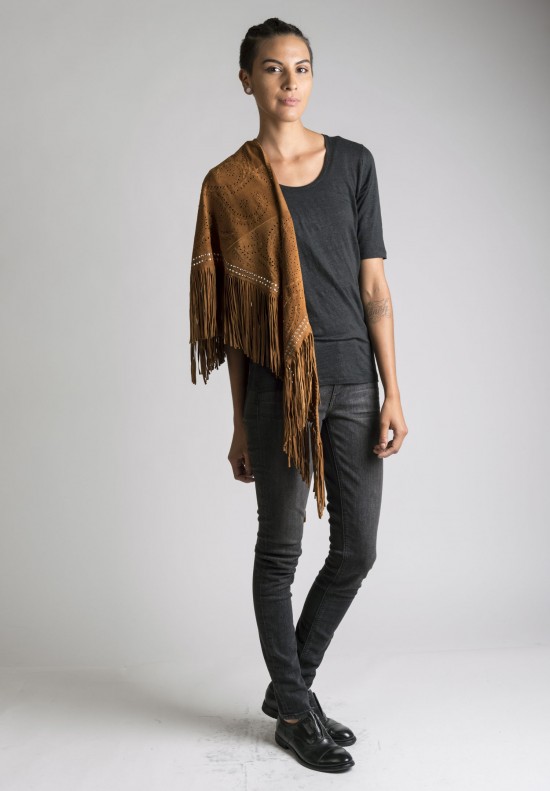 Treasures Studded Perforated Fringed Triangular Suede Stole in Cognac