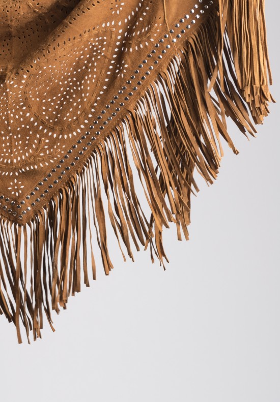 Treasures Studded Perforated Fringed Triangular Suede Stole in Cognac