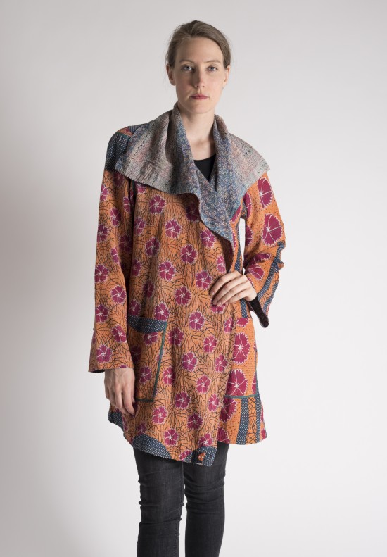 Mieko Mintz Floral Patterned Double Layer Pocket Kantha Coat in Spruce/Orange/Red