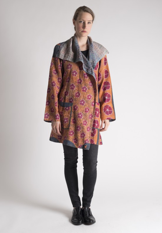 Mieko Mintz Floral Patterned Double Layer Pocket Kantha Coat in Spruce/Orange/Red