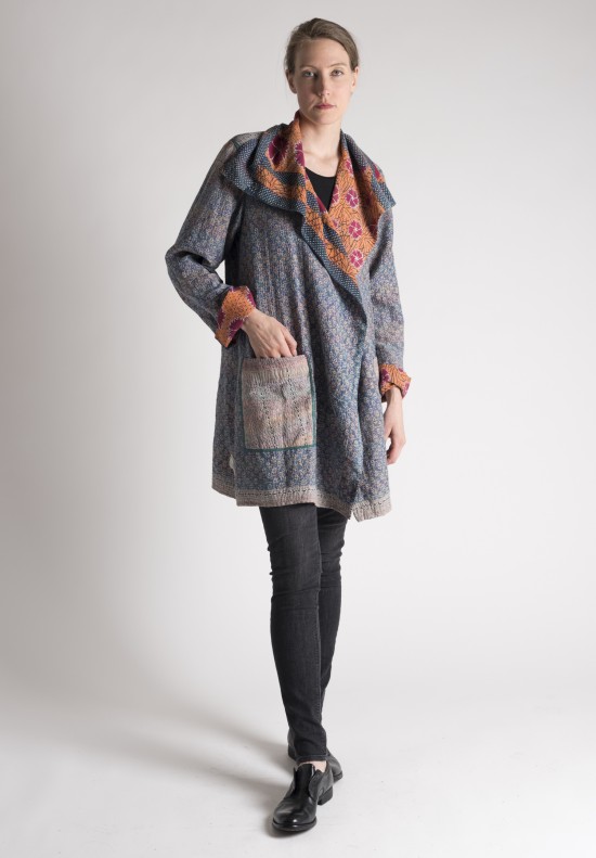 Mieko Mintz Floral Patterned Double Layer Pocket Kantha Coat in Spruce/Orange/Red