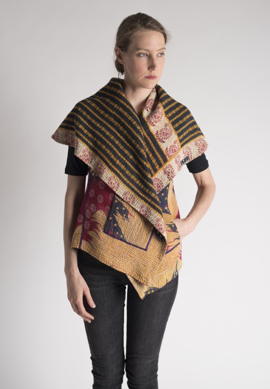  	Mieko Mintz Dot/Line Patterned Circular Short Kantha Vest in Yellow/Black