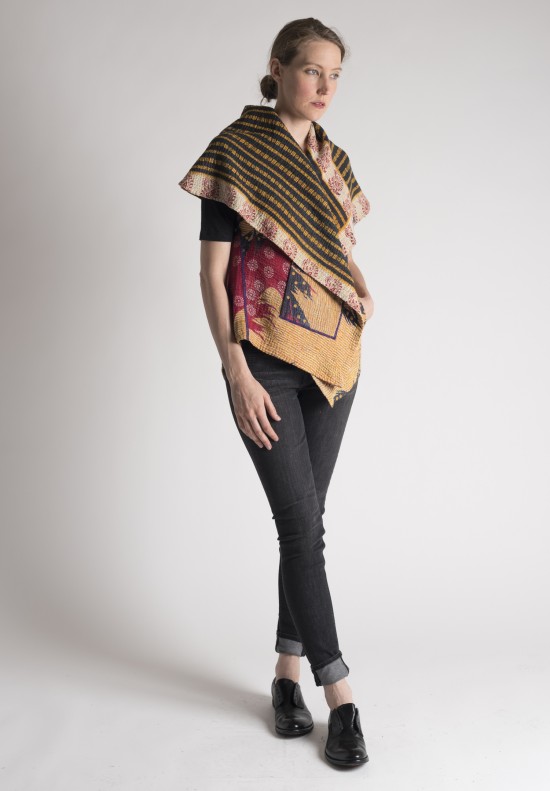  	Mieko Mintz Dot/Line Patterned Circular Short Kantha Vest in Yellow/Black