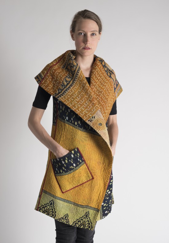 Mieko Mintz Dot/Geometric Patterned Circular Kantha Vest in Yellow/Black/Mint