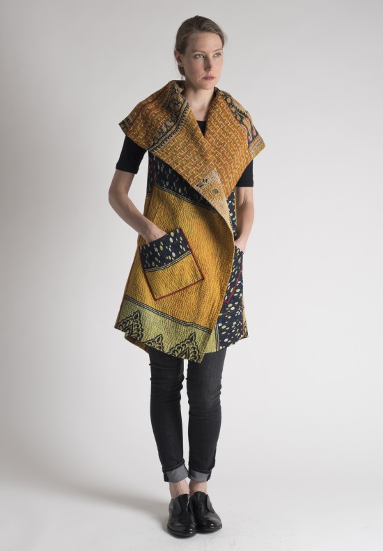 Mieko Mintz Dot/Geometric Patterned Circular Kantha Vest in Yellow/Black/Mint