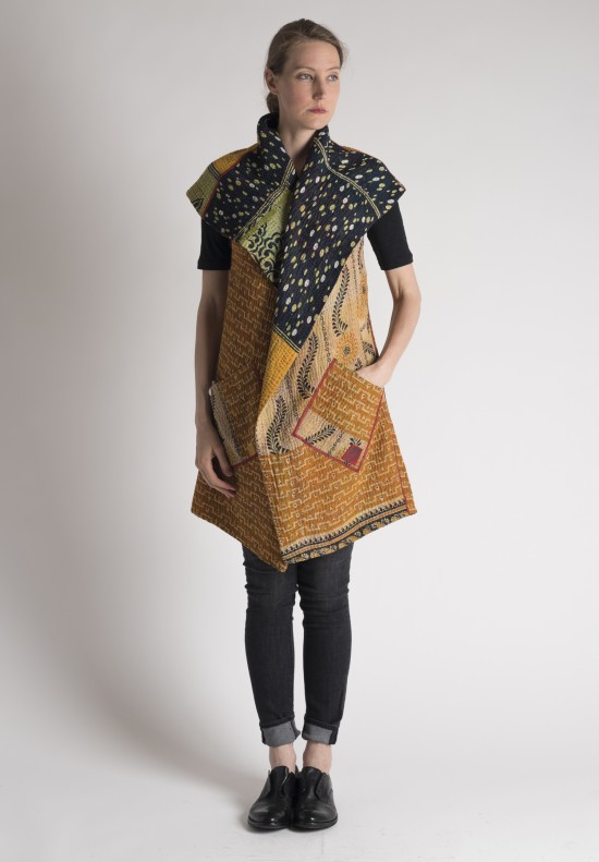 Mieko Mintz Dot/Geometric Patterned Circular Kantha Vest in Yellow/Black/Mint