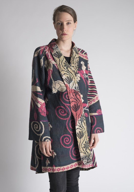 Mieko Mintz Floral Patterned Long Kimono Kantha Jacket in Pink/Black ...