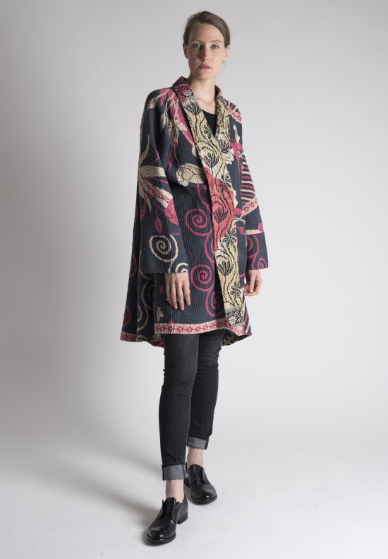 Mieko Mintz Floral Patterned Long Kimono Kantha Jacket in Pink/Black ...