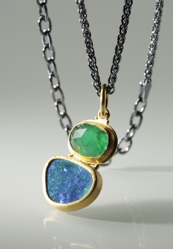 Lika Behar Rose Cut Emerald and Opal Sterling and 24k Gold Necklace