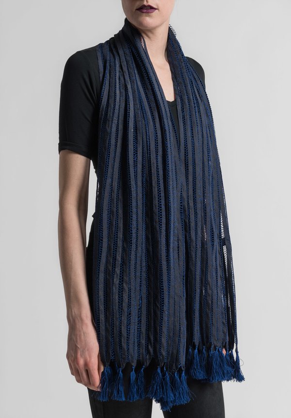 Sophie Hong Stitched Silk Ribbon and Tassel Scarf in Blue	