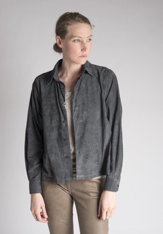 Eskandar Collared A-Line Lamb Suede Top in Metal