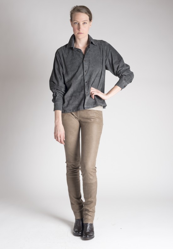 Eskandar Collared A-Line Lamb Suede Top in Metal