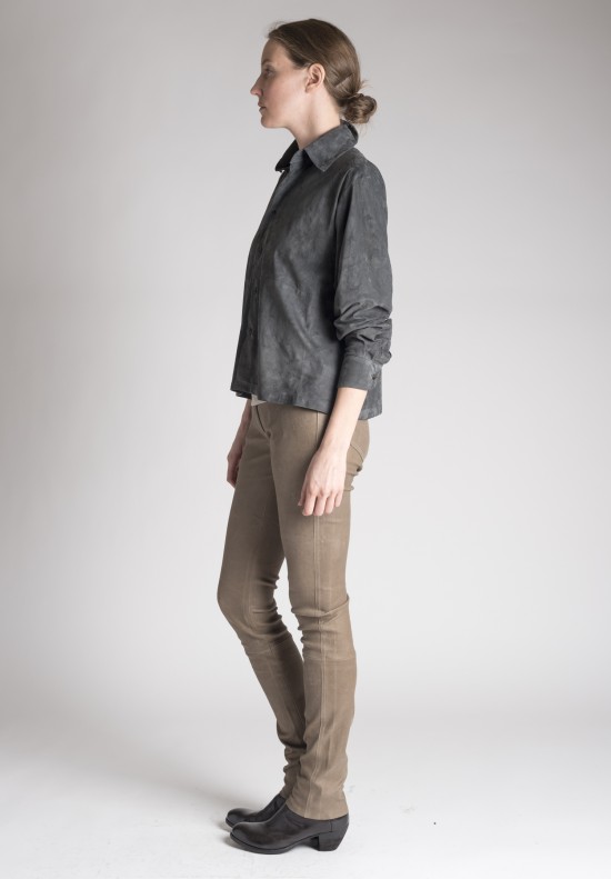 Eskandar Collared A-Line Lamb Suede Top in Metal