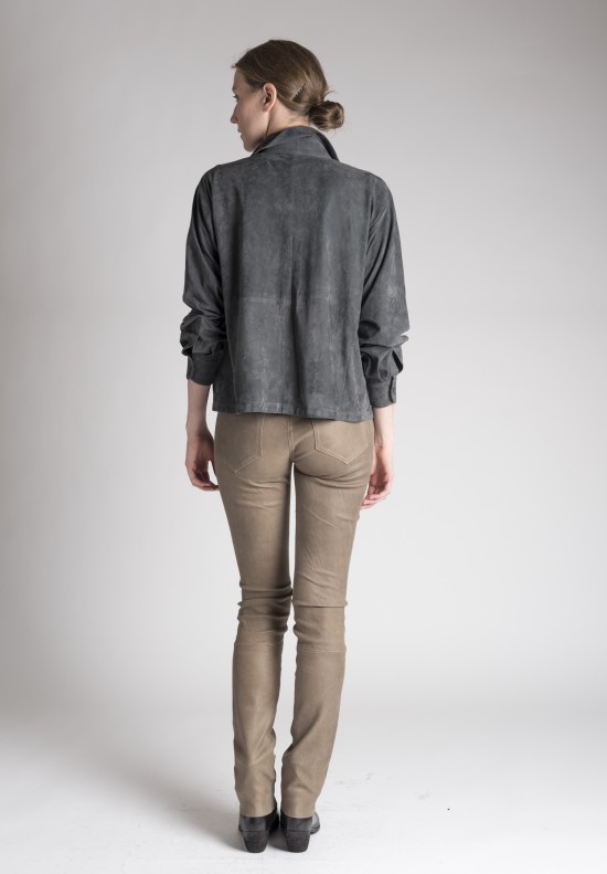 Eskandar Collared A-Line Lamb Suede Top in Metal