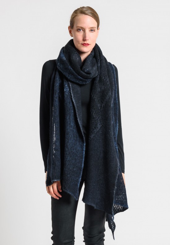 Avant Toi Cashmere/Silk Distressed Diamond Printed Shawl in Blue Ink	