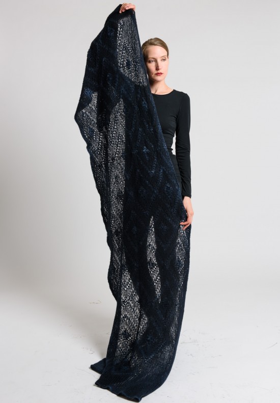 Avant Toi Cashmere/Silk Distressed Diamond Printed Shawl in Blue Ink	