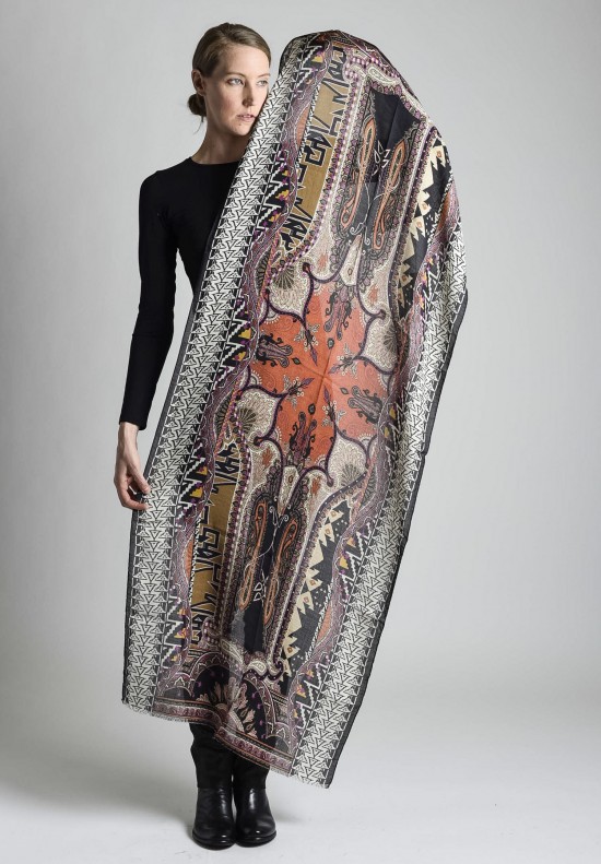 Etro Intricate Pattern Wool/Silk Large Scarf in Black/White/Red	