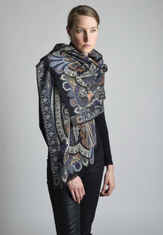 Etro Intricate Pattern Wool/Silk Large Scarf in Grey/Teal	
