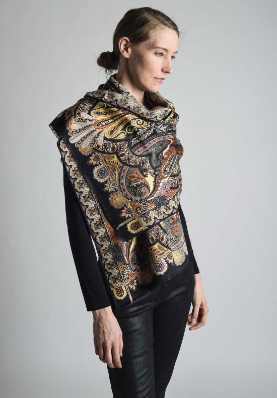 Etro Intricate Pattern Wool/Silk Large Scarf in Black Multi	