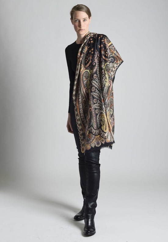 Etro Intricate Pattern Wool/Silk Large Scarf in Black Multi	