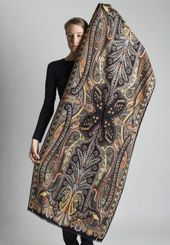 Etro Intricate Pattern Wool/Silk Large Scarf in Black Multi	