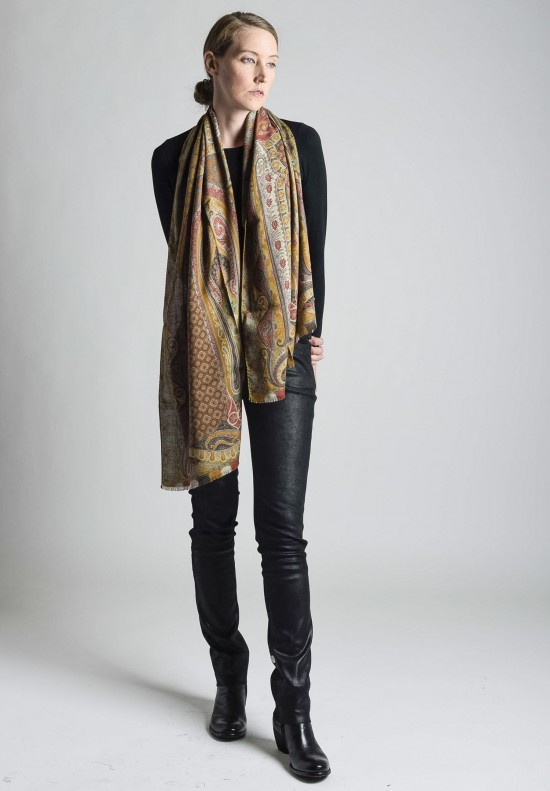 Etro Paisley Cashmere/Silk Long Scarf in Mustard/Red	