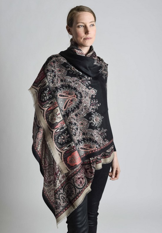 Etro Intricate Patterned Square Cashmere/Silk Shawl in Black/Brown	