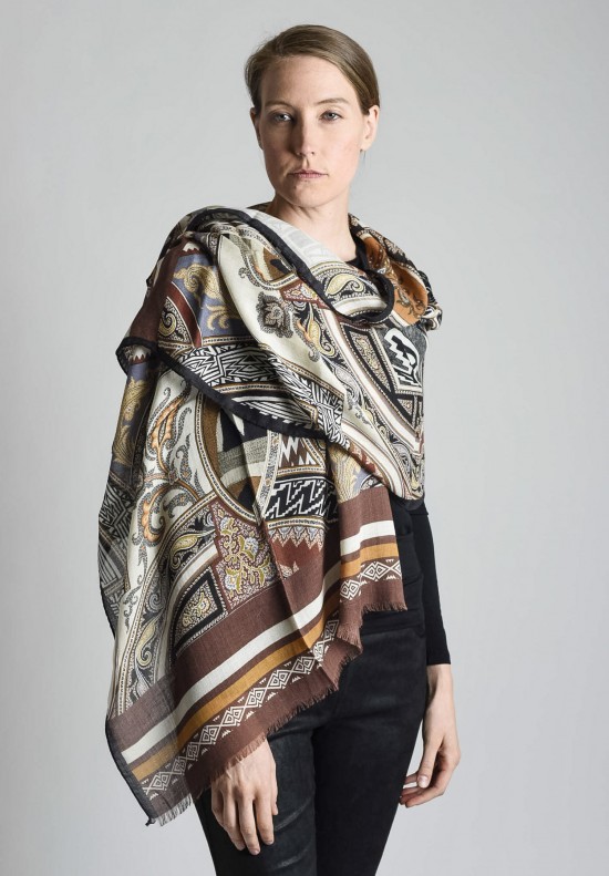 Etro Graphic Patterned Wool/Silk Long Scarf in Brown/Black	
